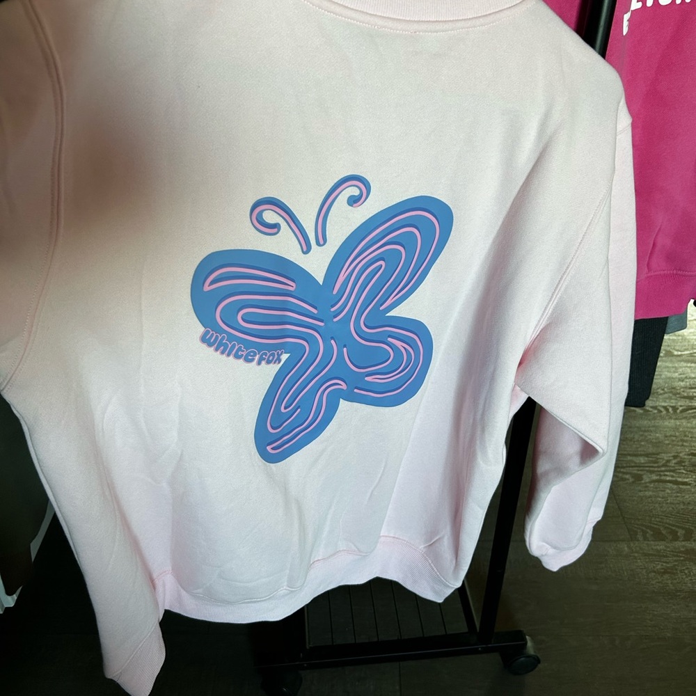 White Fox Boutique Light Pink Jacket with Blue Butterfly